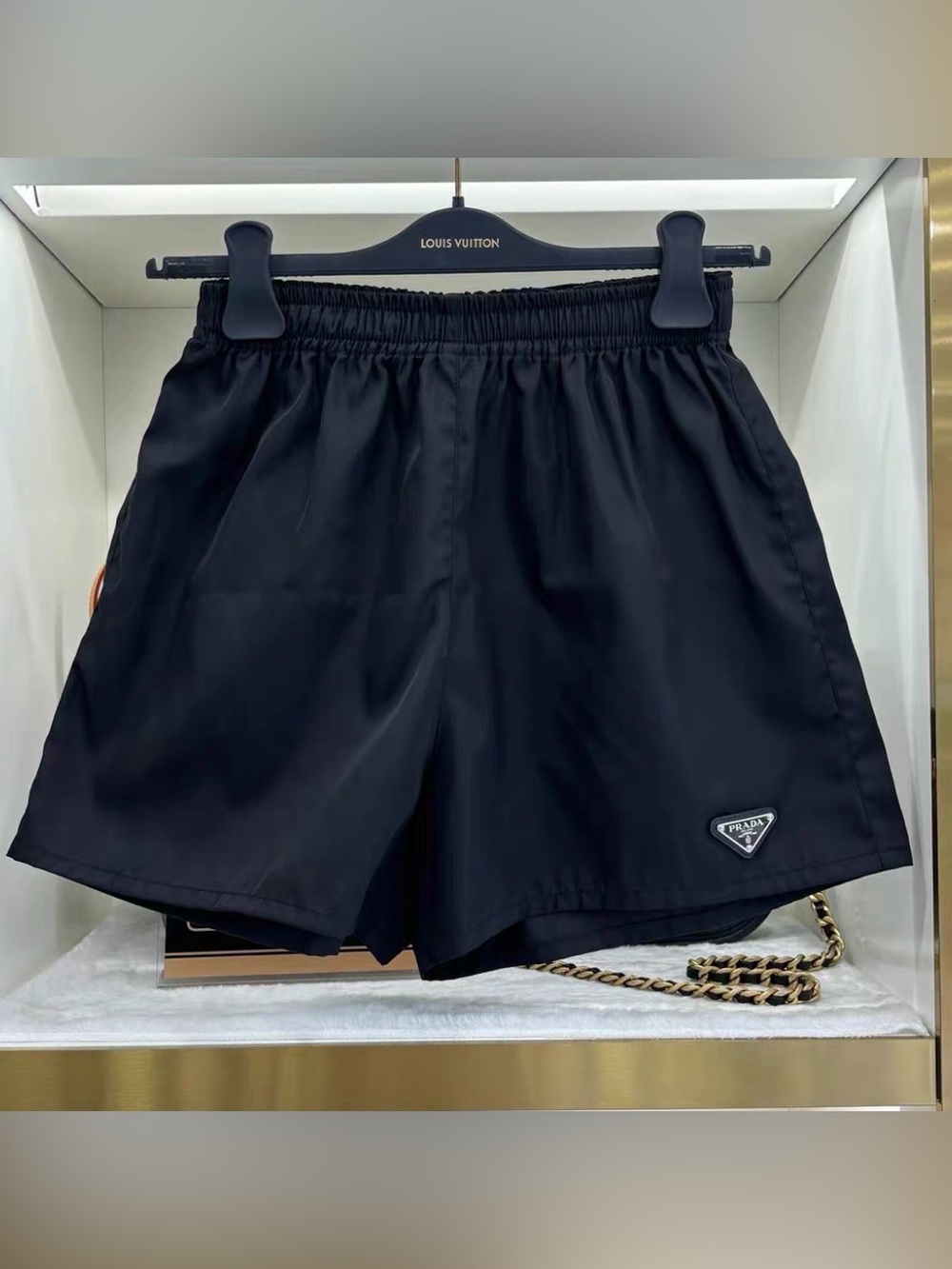 Prada Black Elastic Waist Nylon Shorts with Logo Triangle